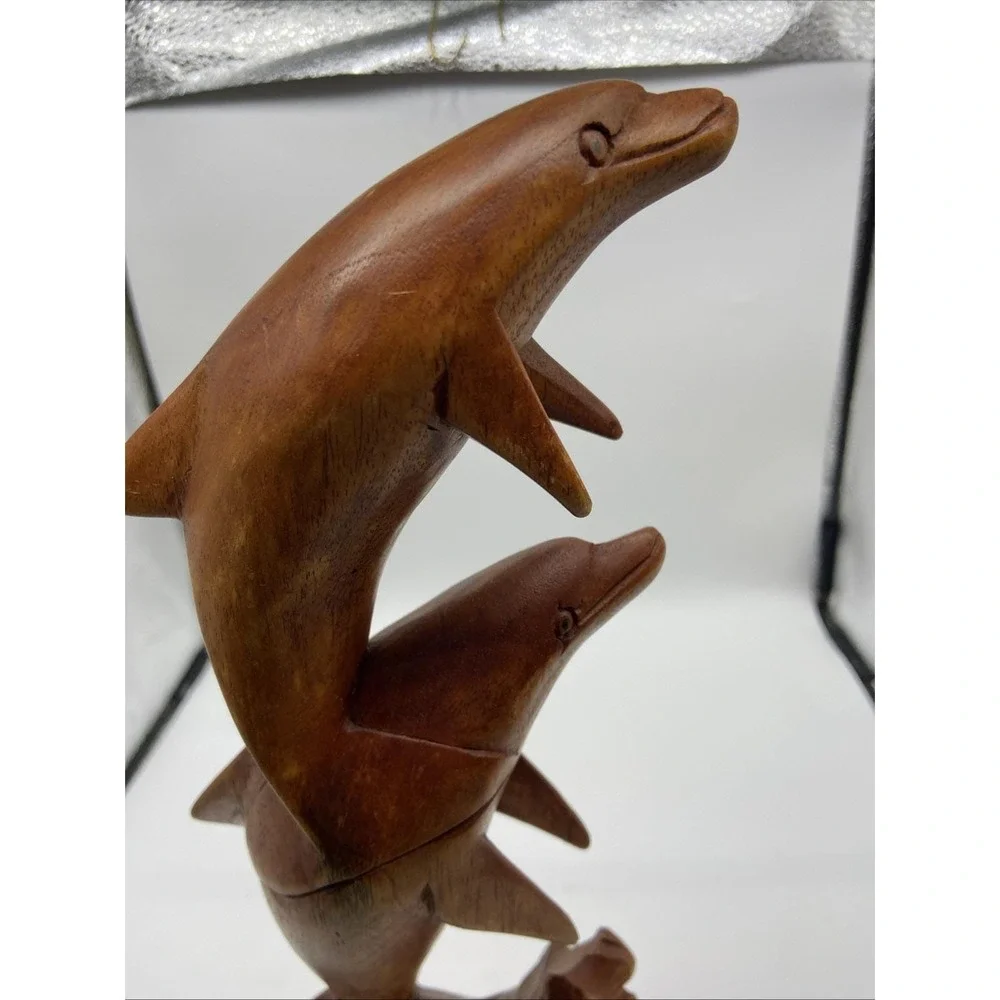 Vintage Hand Carved Wood Dolphin Sculpture Double Leaping Dolphin Nautical Decor